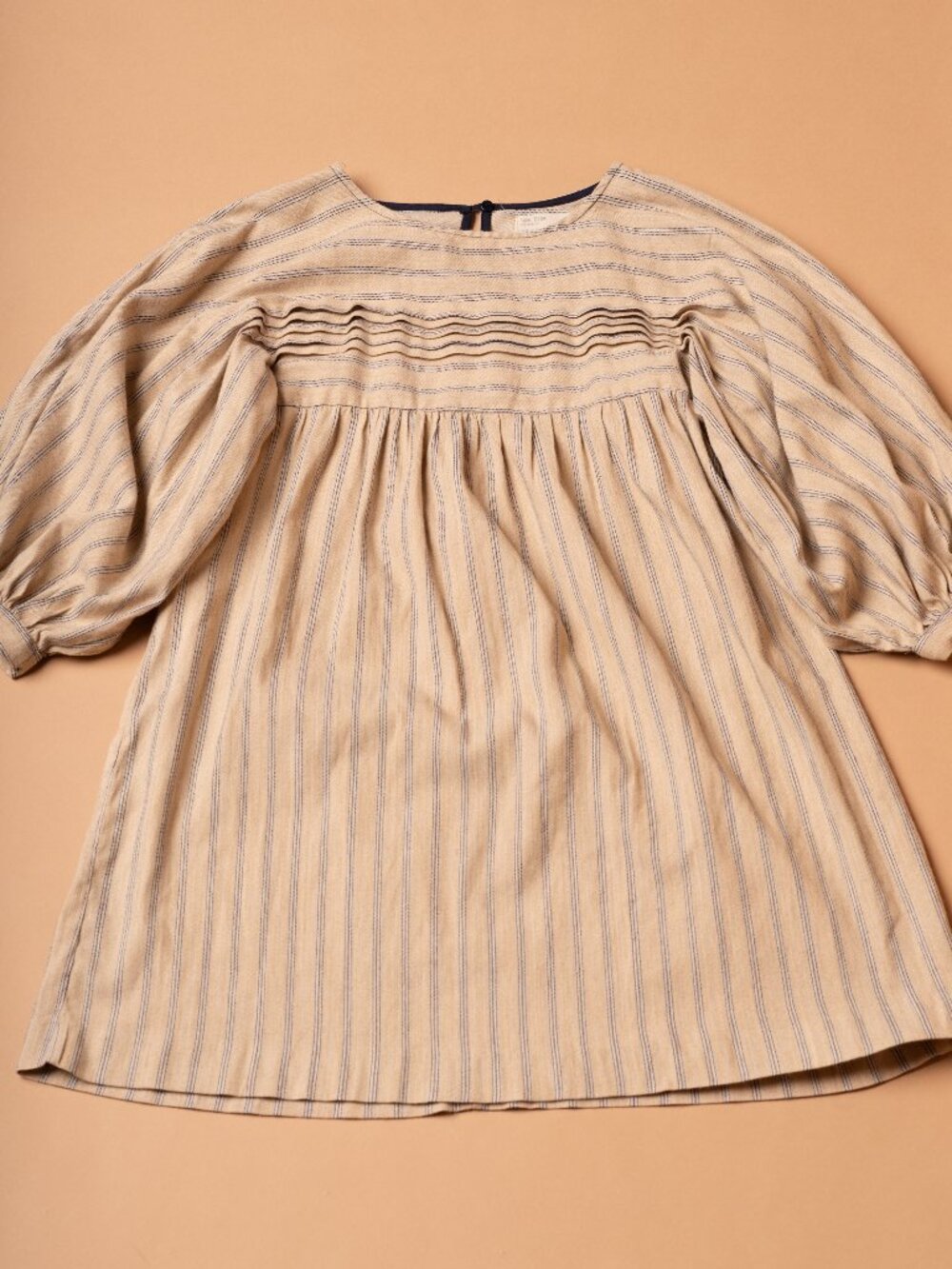 Zara Kids Balloon Sleeve Dress Striped Tan Beige Blue 11-12 Years Neutral Tween
